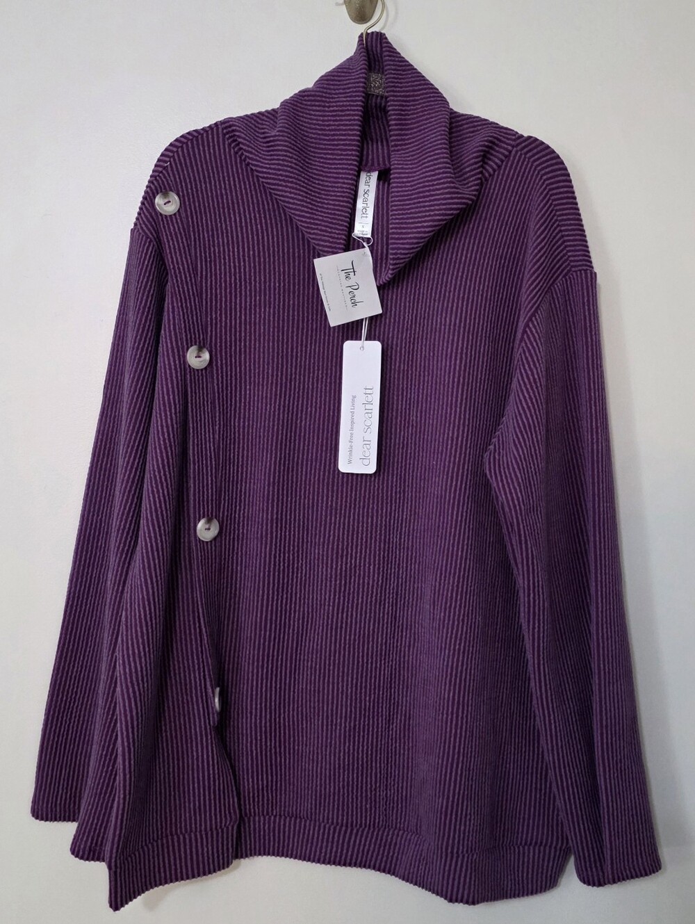 NWT Dear Scarlett Ribbed Cowl Neck Purple Top Button Details Cozy Casual Small
